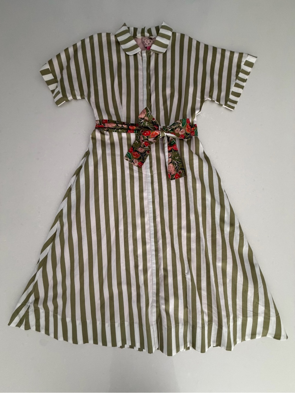 BURU Olive & White Stripe Shirt Dress with Floral Tie